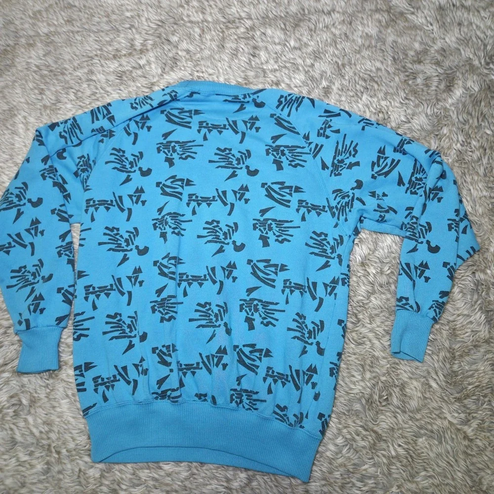 Vintage 80s Players Club Abstract‎ Print Sweatshirt Teal Blue Small AOP